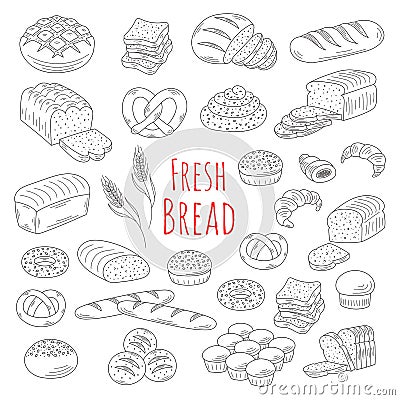 Bakery fresh bread collection doodle style vector illustration. Vector Illustration