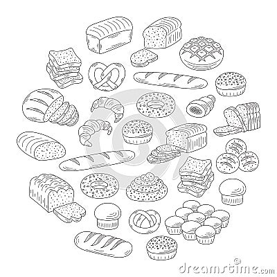 Bakery fresh bread collection doodle style vector illustration. Vector Illustration