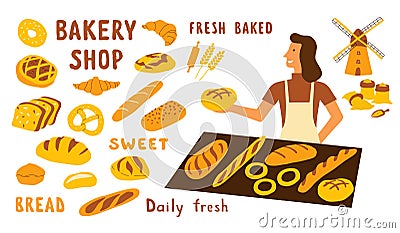 Bakery funny doodle set. Cute cartoon woman, food market seller with bread. Hand drawn vector illustration with lettering Cartoon Illustration