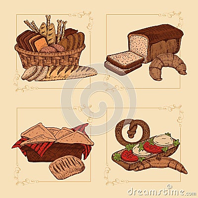 Bakery Hand Drawn Compositions Vector Illustration