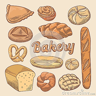 Bakery Hand Drawn Doodle with Different Bread Vector Illustration