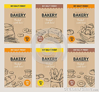 Bakery hand drawn posters. Vintage bread menu design template, sweet cookies and pies doodle sketch. Vector wheat flour Vector Illustration