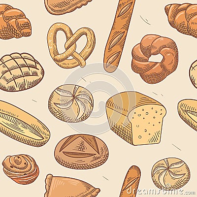 Bakery Hand Drawn Seamless Pattern. Fresh Bread and Buns Background Vector Illustration