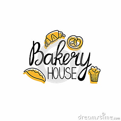 Bakery house. Bread homemade emblem. Hand drawn doodle label for bakery food packaging, local product simple stamp, lettering with Vector Illustration