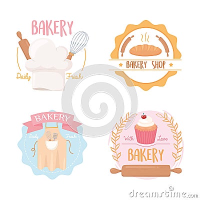 Bakery icons badge rolling pin hat apron cupcake Vector Illustration