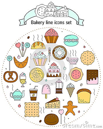 Bakery icons in line art style. Icons with bread, biscuits, sweets for web. Set with fresh bread, sweets, baking for Vector Illustration