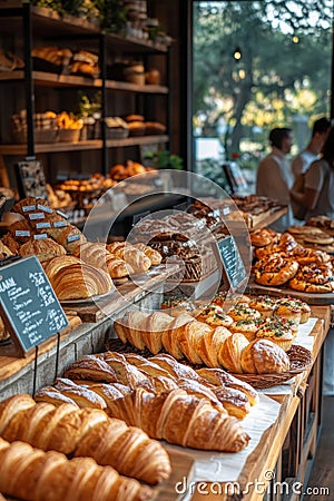 bakery item display, A captivating bakery item display featuring an array of artisan breads and pastries. The setting is a Stock Photo