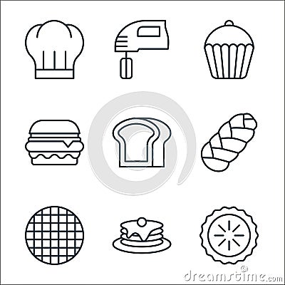 bakery line icons. linear set. quality vector line set such as pie, pancake, waffle, challah, toast, burger, muffin, mixer Vector Illustration