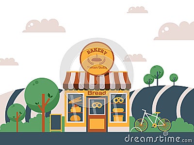 Bakery local shop, vector illustration. Facade of a small building in summer landscape, flat style countryside bakehouse Vector Illustration