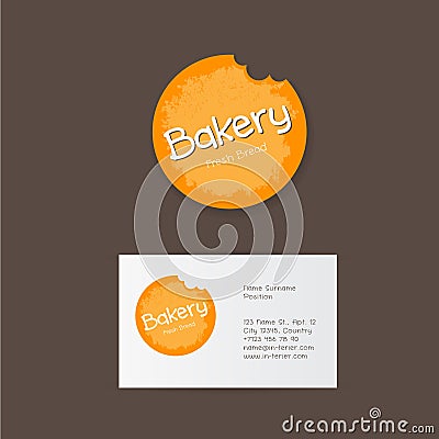 Bakery logo. Yellow bitten circle as bread on a dark background. Vector Illustration