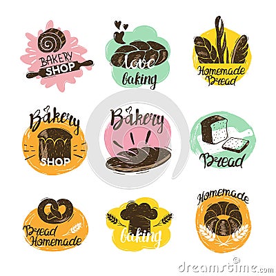 Bakery logotypes set. Colorful doodle bakery logos and labels collection of bread Vector Illustration