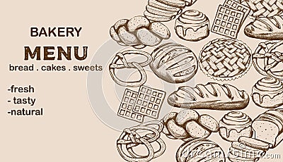 Bakery menu with bread, cakes, sweets and place for text Vector Illustration