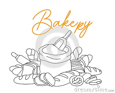 Bakery outline sketch. Bakery shop illustration. Hand drawn sketch with breads, pastry. Wheat bread, pretzel, ciabatta Vector Illustration