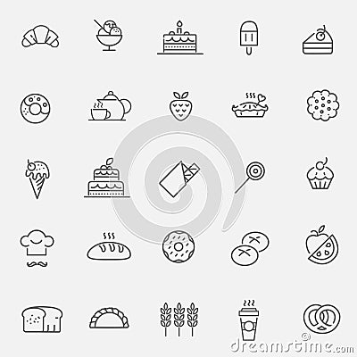 Bakery, pastry icons set - bread, donut, cake, cupcake Vector Illustration