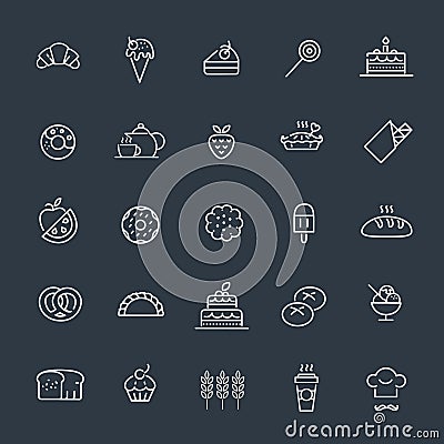 Bakery, pastry icons set - bread, donut, cake, cupcake Vector Illustration