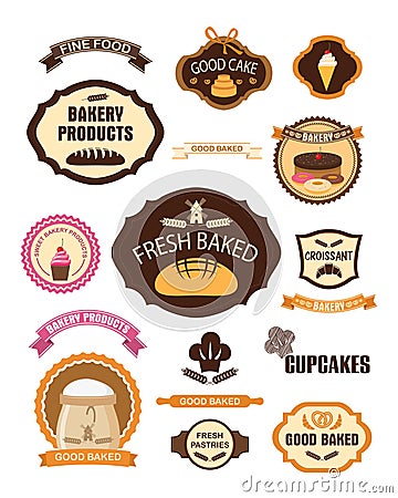 Bakery pastry labels, badges, ribbons, cards and design elements Vector Illustration