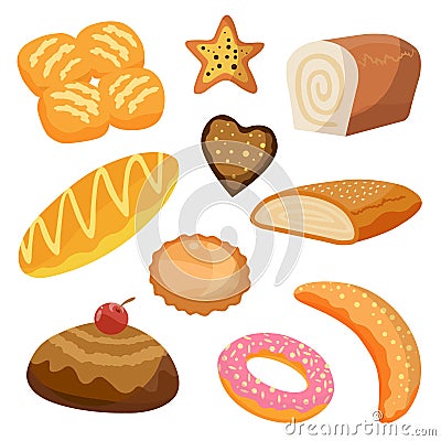 Bakery and pastry products icons set with various sorts of bread, sweet buns, croissant, bagel, donut, for bakery shop Vector Illustration