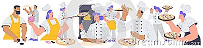 Bakery with People Baker Character in Uniform Baking Pizza Vector Illustration Vector Illustration