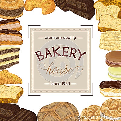 Bakery poster with bread and pastries collection. Vector Illustration