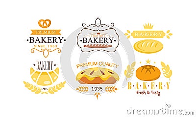 Bakery premium logo set, bakehouse retro badge, fresh and tasty bakery products and pastries vector Illustration on a Vector Illustration