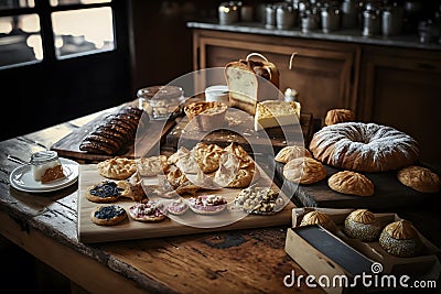 Bakery product assortment with bread loaves, buns, rolls and Danish pastries. Neural network AI generated Stock Photo