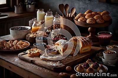 Bakery product assortment with bread loaves, buns, rolls and Danish pastries. Neural network AI generated Stock Photo