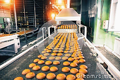 Bakery production line with sweet cookies on conveyor belt in confectionery factory workshop, food production Stock Photo