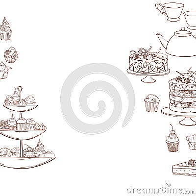 Teapot, cups and cakes, muffins. Vector illustration Vector Illustration