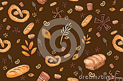 Bakery products, baking print. Pastry seamless pattern. Cute kitchen background Stock Photo