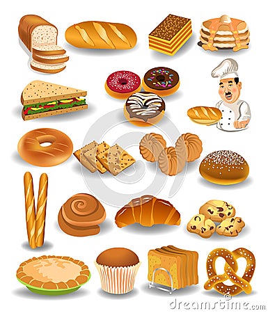 Bakery products collection, bread, cookies, pie Vector Illustration