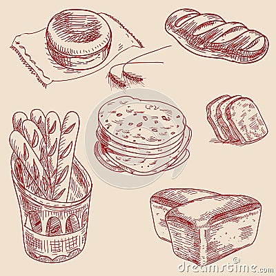 Bakery products hand drawn sketch different kinds Vector Illustration