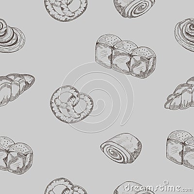 Bakery products. seamless pattern.Croissant, jam bun, bagel, hala, buns with poppy seeds. An illustration highlighted on a gray Vector Illustration