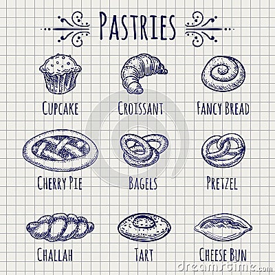 Bakery products set on notebook page Vector Illustration