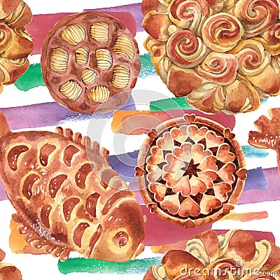 Bakery products in a watercolor style isolated. Sweet dessert illustration. Seamless background pattern. Cartoon Illustration