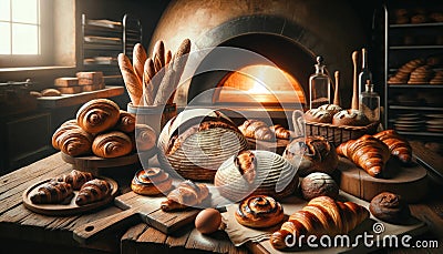 Bakery products on a wooden table. Bakery concept. Bakery background. Generative AI Stock Photo