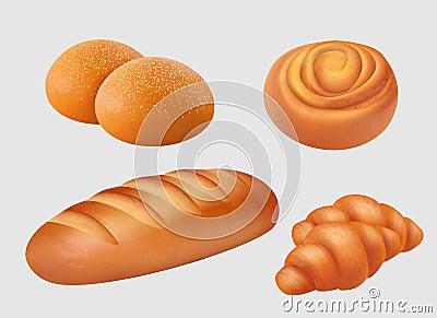 Bakery realistic. Breakfast food pastries, loaf, buns, bagels, pretzel slice bread vector products illustrations Vector Illustration