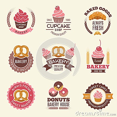 Bakery retro labels. Cupcakes donuts cookies and fresh bread vintage vector illustrations for stickers or badges design Vector Illustration