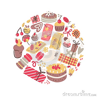 Bakery round illustration. Cakes, candies and chocolate. Vector Illustration