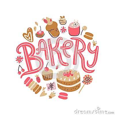Bakery round illustration. Cakes, candies and chocolate. Vector Illustration