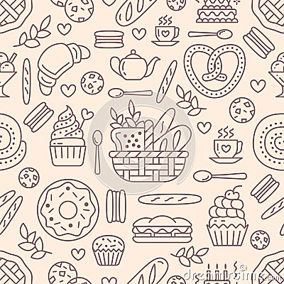 Bakery seamless pattern, food vector background of beige color. Confectionery products thin line icons - cake, croissant Vector Illustration