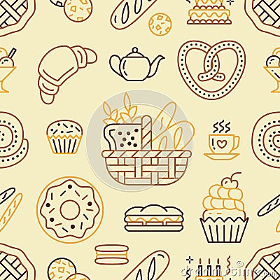 Bakery seamless pattern, food vector background of beige color. Confectionery products thin line icons - cake, croissant Vector Illustration