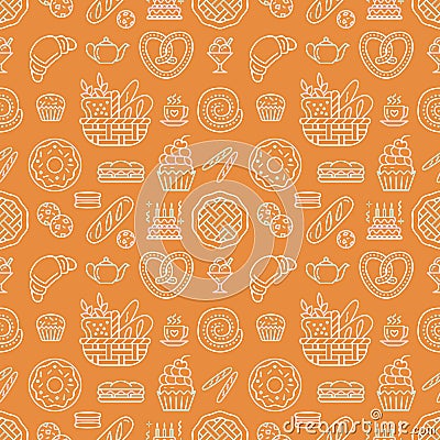 Bakery seamless pattern, food vector background of beige orange color. Confectionery products thin line icons - cake Vector Illustration