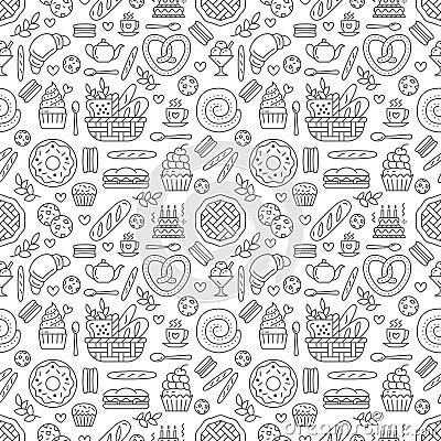 Bakery seamless pattern, food vector background of black white color. Confectionery products thin line icons - cake Vector Illustration