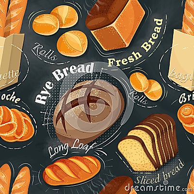 Bakery seamless pattern. Long loaf, rye bread, baguette Vector Illustration