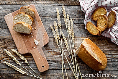 Bakery set with fresh wheaten bread on table rystic background top view Stock Photo