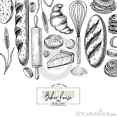 Bakery set. Hand drawn bread, loaf, croissant, pretzel, macaron, pie, baguette. Wheatl flour pastry. Vector engraved Vector Illustration