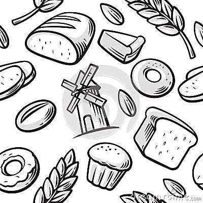 Seamless Pattern hand drawn vintage for bakery. Bread, grain, wheat, donut, cake mill and Cooking. Set Vector bakery symbols and i Vector Illustration