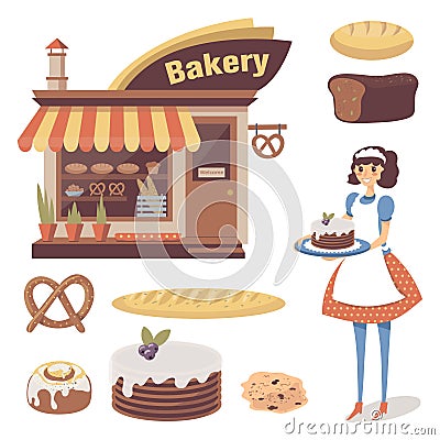 Bakery set with pastry store building, baked goods, girl baker or waitress character. Cartoon flat food. Vector isolated Vector Illustration