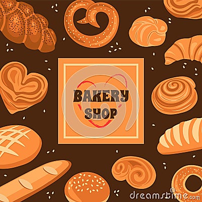 Bakery shop. Bakers store label. Fresh bread selling. Wheat baguette loaf and bun. Pretzel and croissant. Tasty bagel Vector Illustration