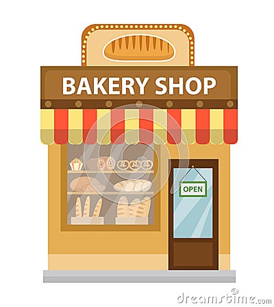 Bakery shop. Baking store building icon. Bread flat style. Showcases stores on the street. Vector illustration Vector Illustration
